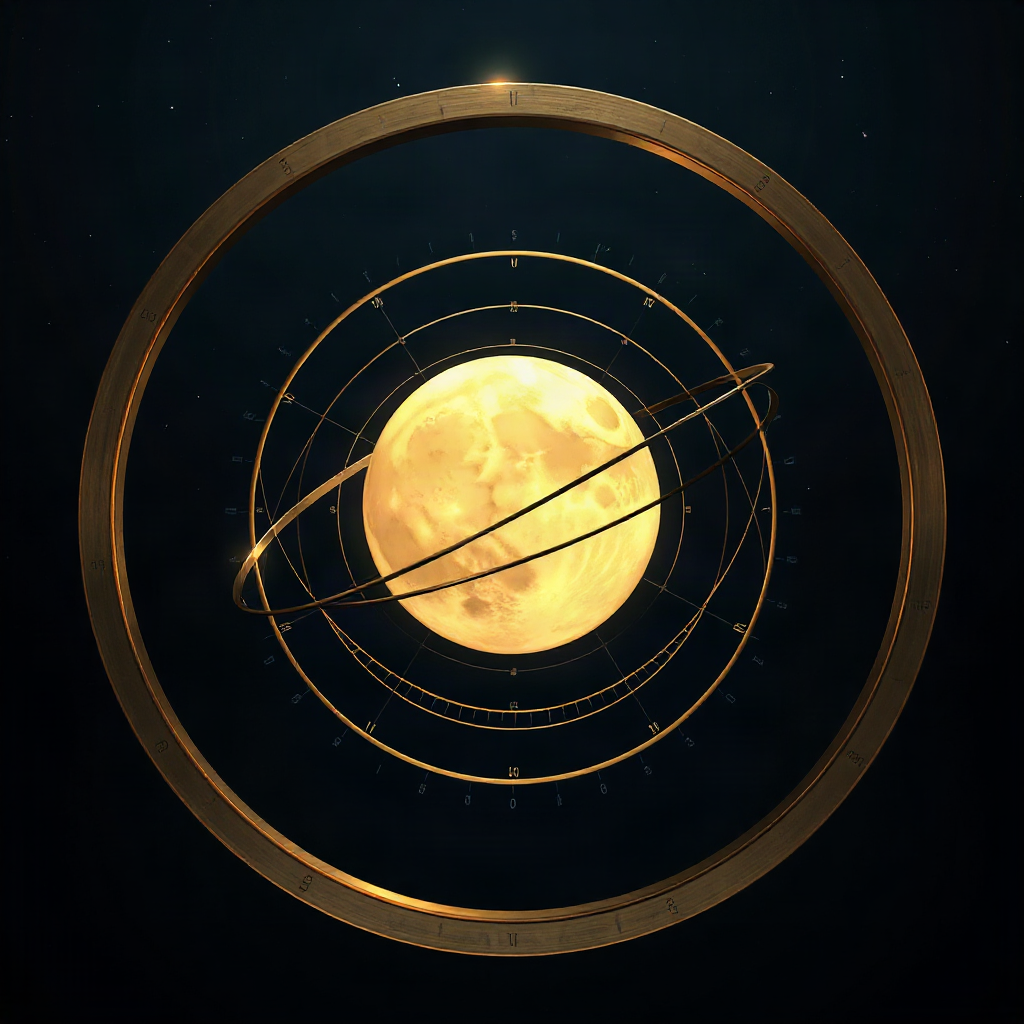 Golden celestial orbital rings around a glowing moon