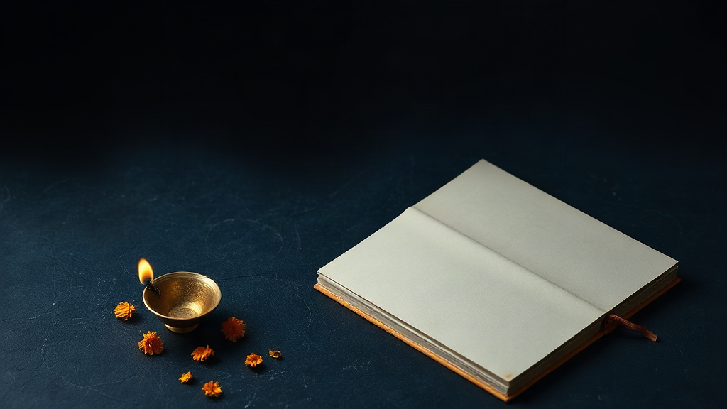 A brass diya and marigold petals in warm light
